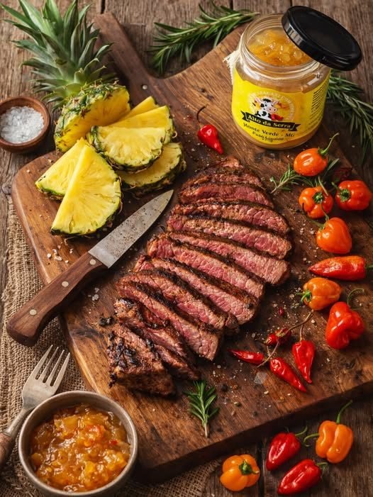 Geleia de abacaxi com pimenta Alto da Serra ao lado de carne grelhada, abacaxi e pimentas